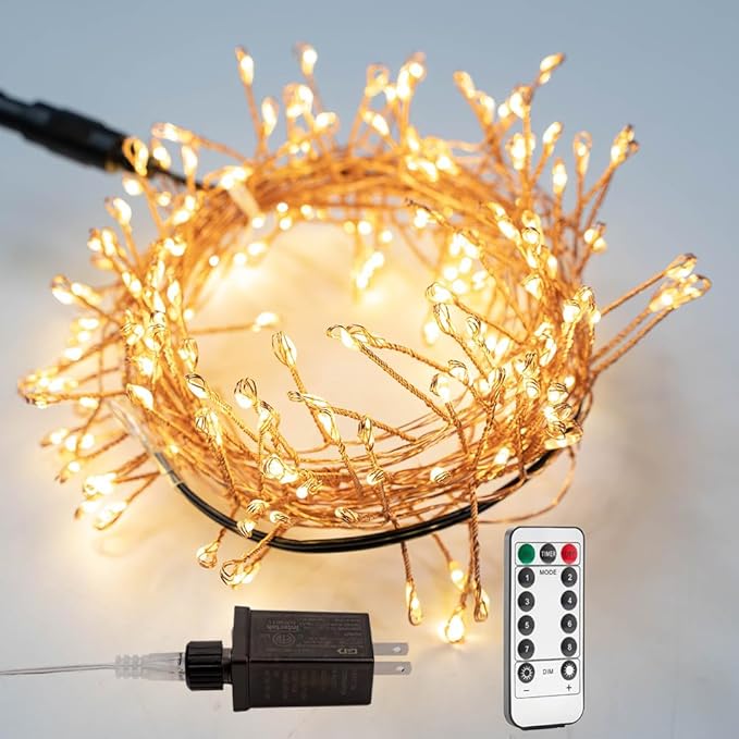 Plug in Firecracker Lights 10FT Warm White Copper Wire Indoor Cluster Fairy Lights with Remote Timer for Bedroom, Living Room, Tree, Garden, Porch, Patio, Backyard, Christmas Tree