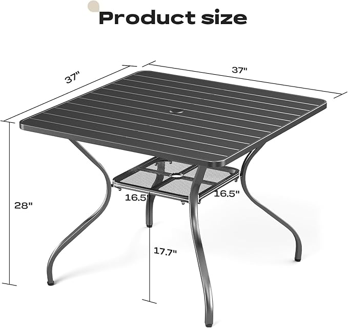Rilyson Patio Tables Outdoor Dining Table - Metal Coffee Tables with 2-Tier Storage Shelf 1.57" Umbrella Hole for Outside Proch Deck Balcony Garden Rectangle