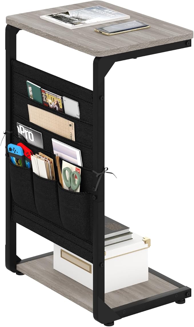 C-Shaped End Table with Storage Bag, Small Couch Side Table, Sofa TV Tray Table for Living Room, Bedroom, Bedside ET-P-GYW1