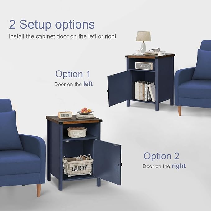 Catrimown Farmhouse Nightstand Set of 2 with Barn Door and Shelf, Side Table, Rustic End Table for Bedroom, Living Room, Navy Blue
