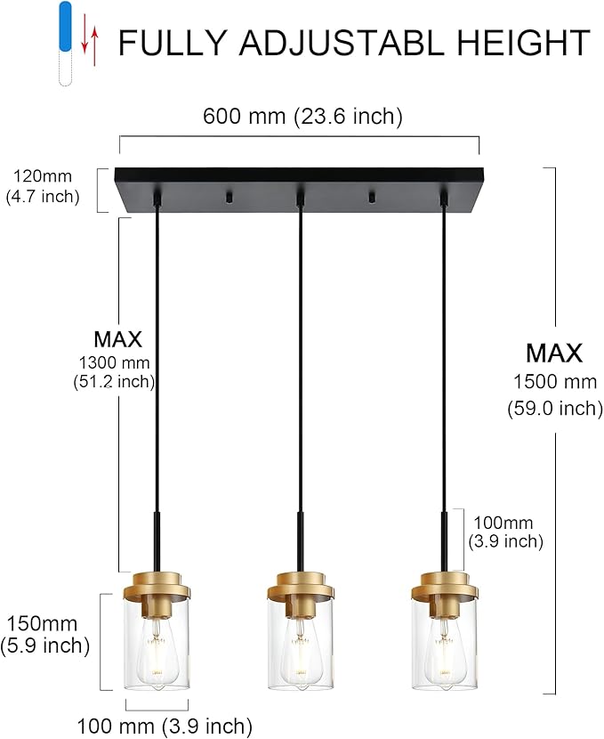 MELUCEE 23.6 Inches Dining Room Light Fixture Hanging 3-Lights Kitchen Pendant Light Fixture Over Island Black Ceiling Hanging Lamp with Clear Glass Shade, Gold Socket
