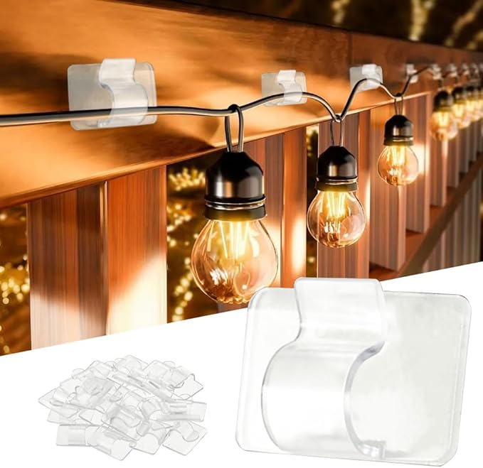 Dazzle Bright Hooks for Outdoor String Lights Clips, 30Pcs Heavy Duty Cable Clips Waterproof Adhesive Strips for Hanging Christmas Light, Outside UV-Resistant Clear Sticky Cord Holders Rope Organizer