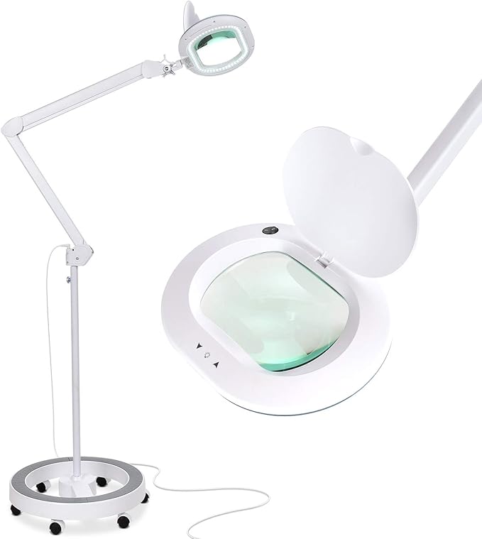 Brightech LightView Pro Magnifying Glass with Stand and Light – Magnifying Floor Lamp with 6-Wheels on a Sturdy Base for Facials – LED Work Light with XL Magnifier Glass for Crafts and Projects