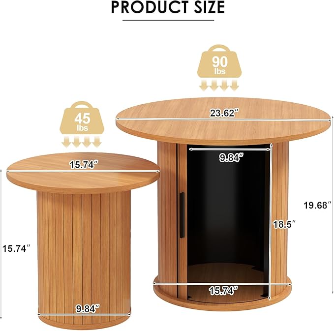 COSVALVE Nesting Coffee Table Set of 2 with Hidden Storage & Sliding Door, Circle Wood Coffee Table, Farmhouse Side & End Table Sets for Living Room, Small Spaces, Natural
