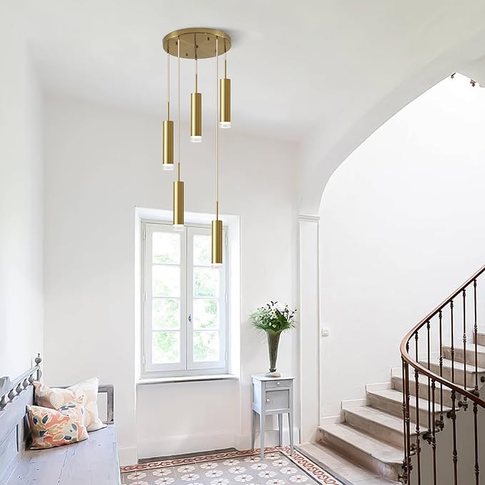 KCO Lighting 5 Lights Cluster Pendant Lighting Cylinder Gold Pendant Light Mid Century Modern Hanging Ceiling Light Fixture for Living Room Kitchen Island Hallway