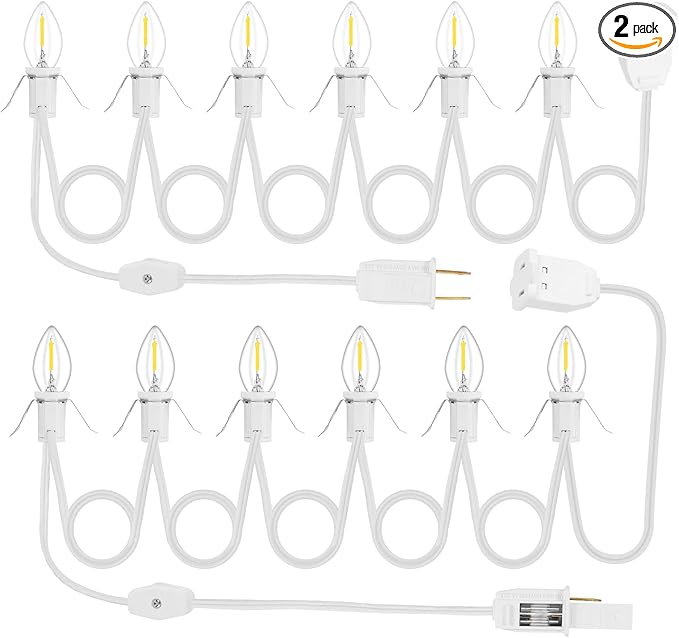 2Pack Accessory Cord with 12 LED Light Bulbs and Outlet Christmas Village Light 11.6FT White Cord with Spare Fuse Warm White C7 Lamp for Halloween Pumpkins Christmas Village Houses Craft Decoration