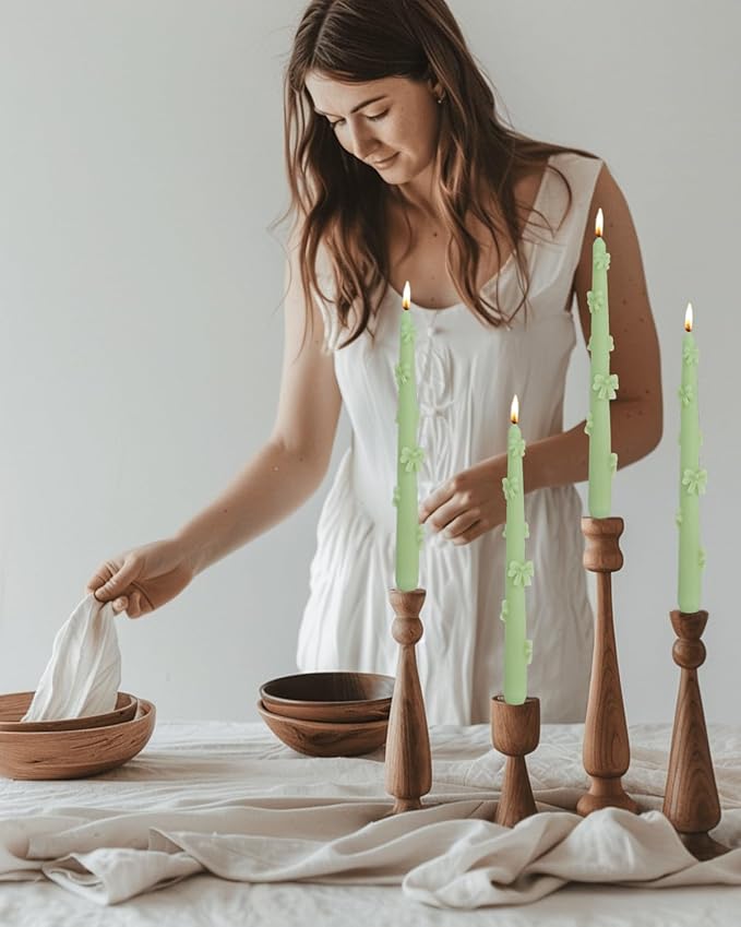 Green Taper Candle Candlestick Bow Soy Candles Unscented Wedding Party Wax Unscented Dinner Candle Dripless,10 inch,Set of 4,J1
