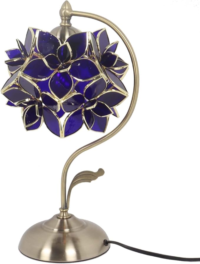 Bieye L11015 Tiffany Style Stained Glass Flower Petal Table Lamp with Brass Base for Home Décor (Blue, 8" Rose Lily)