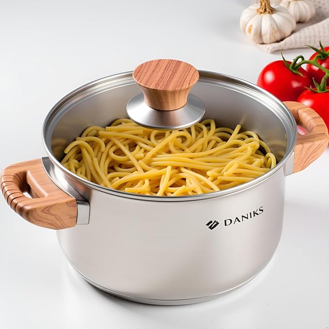 Daniks Oslo 6-Piece Stainless Steel Cookware Set with Glass Lids, Tri-Ply Bases for Even Heating, Induction Compatible, Dishwasher Safe, Bakelite Handles