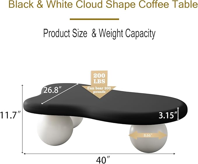 Modern Cloud Coffee Table with 3 Ball Legs, Cute Irregular Shaped Coffee Table, Low Center Table Tea Table for Small Space Living Room (40''L × 26.8''W × 11.7'H)