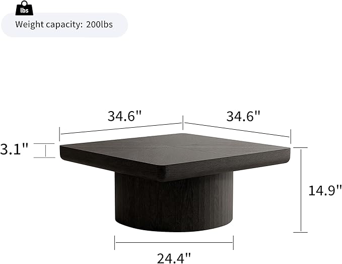 Square Coffee Table with Round Wood Pedestal Coffee Tables for Living Room, Modern Rustic Center Table Easy Assembly Black-ø34.6"&ø34.6 ø14.9