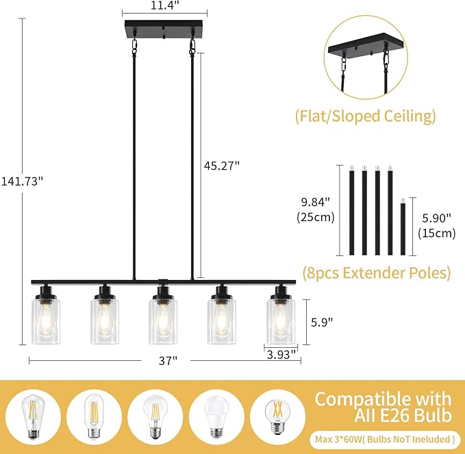 Modern Island Lights for Kitchen Black Dining Room Light Fixtures Over Table 5-Light Farmhouse Linear Chandelier Adjustable Hanging Kitchen Lights Ceiling Clear Glass Pendant Lighting Over Island