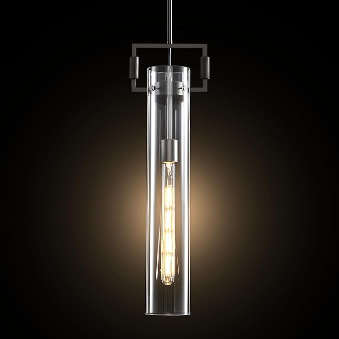Matte Black Glass Pendant Light: Modern Knurled Brass Pendant Lights Kitchen Island - Contemporary Hanging Light Fixtures with Long Tube - Cylinder Pendants Lighting over Table for Kitchen Bathroom