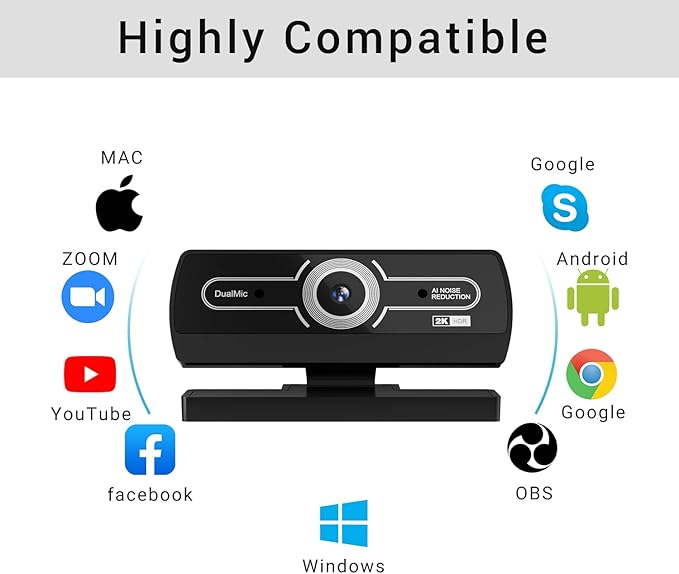 2K Webcam for PC, Full HD Video Calling, HD Light Correction, Works with Skype, Zoom, FaceTime, Hangouts, PC/Mac/Laptop/MacBook/Tablet