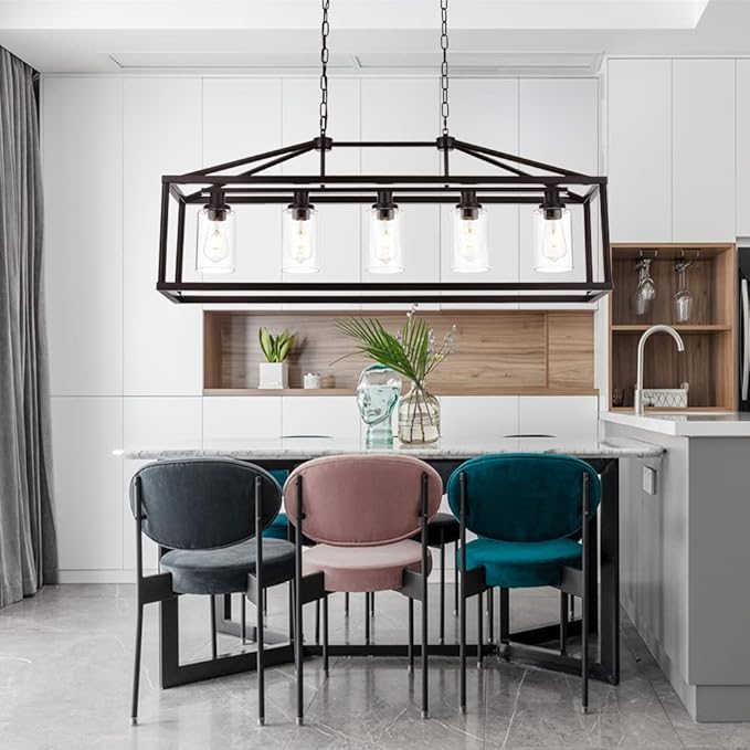 BONLICHT Industrial Rustic Farmhouse Chandelier 5 Light Modern Rectangle Dining Room Light Fixture Hanging Oil Rubbed Bronze Kitchen Island Cage Pendant Lighting with Clear Glass Shade for Hallway Bar