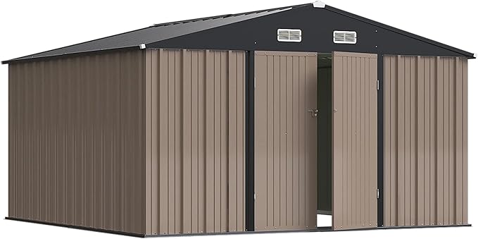 Greesum 10×10 FT Outdoor Storage Shed, Metal Storaged Sheds Without Floor, Tool Sheds with Lockable Doors and Slooping Roof for Garden, Patio, Backyard, Brown