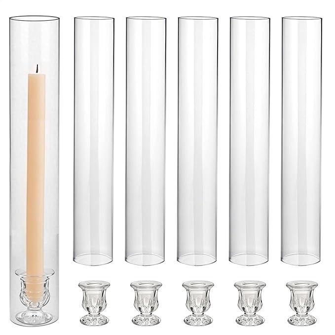 CHILL RECIPE Glass Hurricane Candlestick Holders Clear 14" Tall Cylinder Candleholder Chimney Tube, Floral Taper Crystal Candle Stick Holder for Birthday Wedding Christmas Home Decor(1 Set 6Pcs)