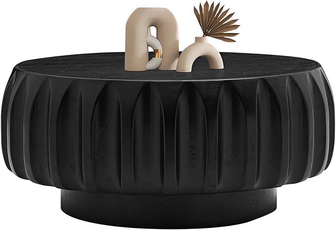 LKTART 31.5" Drum Coffee Table Modern Round Coffee Table Wood Fluted Centry Table with Solid Wood Veneer for Living Room, Easy Assemble, Black