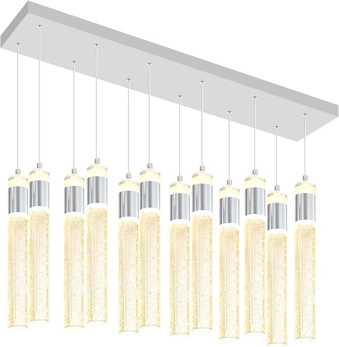 Glam Rectangular Crystal Column Chandelier for High Ceiling 12-Lights Silver LED Dimmable Pendant Light for Kitchen Island Dining Room Entrance Foyer Living Room Adjustable Height