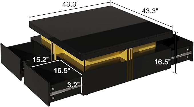 Merax 43.3" Modern Glossy Square Storage Coffee Table with 4 Drawers, Gold Accents, Functional Center Tables for Living Room Apartment, Glossy Black