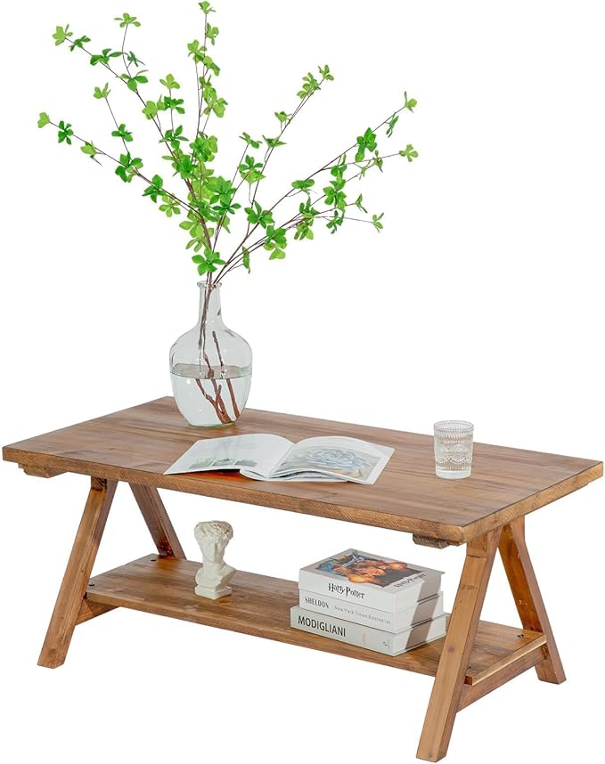 Farmhouse Coffee Table for Living Room, 2-Tier Solid Wood Coffee Table, Rustic Rectangular with Storage Open Shelf, Natural