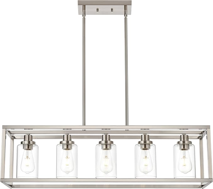 MELUCEE 5-Light Dining Room Lighting Fixture Hanging Brushed Nickel Modern Pendant Lighting Contemporary Chandeliers with Clear Glass Shade for Kitchen Island Living Room Bedroom