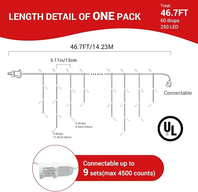 new one Cool White Icicle Lights with White Wire with 2 Cord Reels, 2 Pack Totalling 93.4FT, 240 Drops 500 LED Connectable Christmas String Lights Holiday Party (46.7 FT 250 LED 120 Drops for 1 Pack)