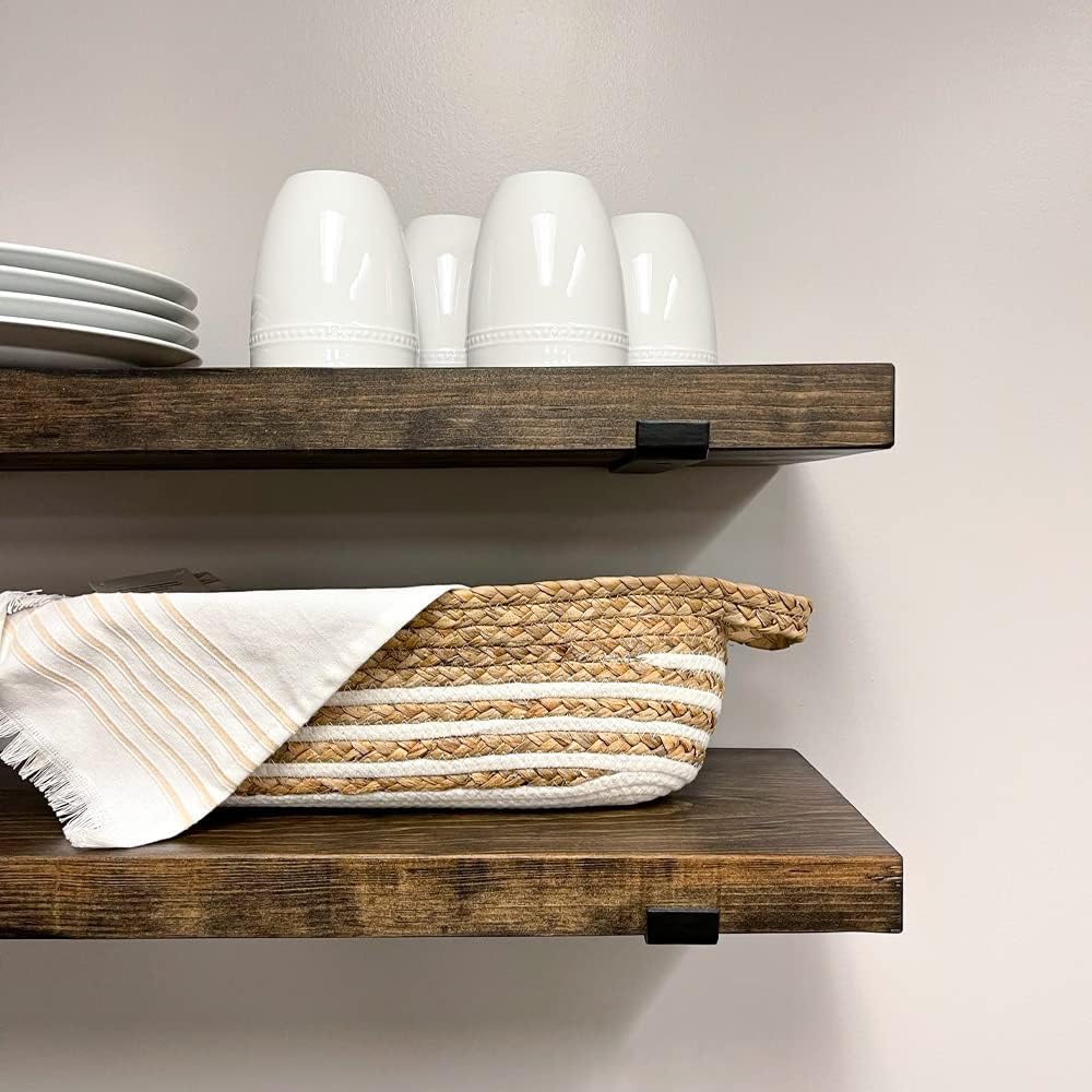 Rustic Shelves with J-Brackets Set of 2, Industrial Shelf, Kitchen Shelves, Solid Wood, Decorative Wall Storage, Heavy Duty, URBANDI (Dark Brown, 12Wx6D)