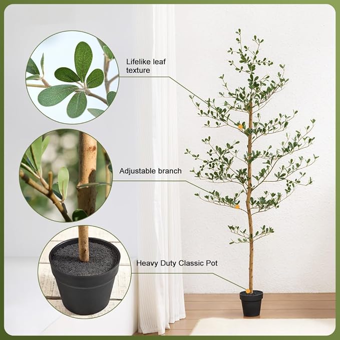 Artificial Black Olive Tree 5FT Indoor Outdoor Decor Faux Plants - Real Wood Trunk Fake Tree with Green UV Resistant Leaves - Tall Floor Plant for Modern Home Office Living Room Decoration