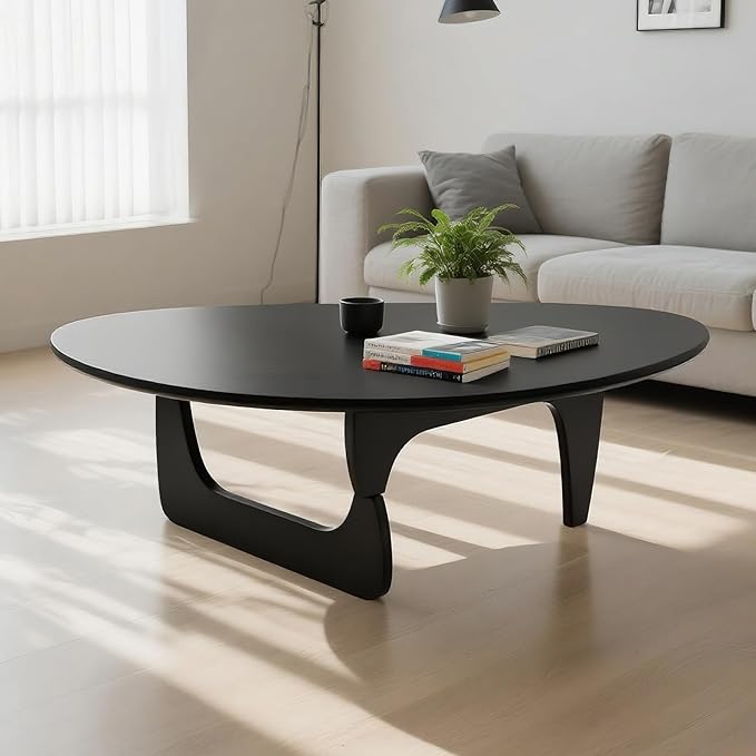 Solid Wooden Modern Triangle Coffee Table: Unique Funky Coffee Tables for Living Room, Oval Mid-Century Irregular Abstract Tea Tables for Patio Office Balcony Bedroom (Black, 43" L x 31" W x 16" H)