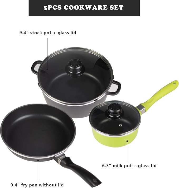 Pots and Pans Set Nonstick Cookware Set 5 Piece, Kitchen Cooking Sets with Tempered Glass Lid and Comfortable Handle, Classic Kitchen Cookware Set, Black and Green