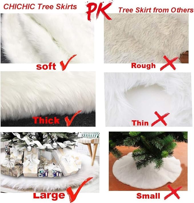 CHICHIC 48 inch Christmas Tree Skirt Faux Fur Xmas Tree Skirt Christmas Decorations Holiday Tree Ornaments Tree Decoration for Christmas Home Decorations, Xmas Party Holiday Decorations, Snow White