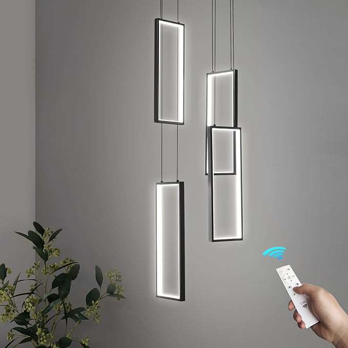 Modern Kitchen Island Dimmable Pendant Light Fixture Black 54W LED Pendant Lights 4 Rings Rectangular Chandelier Staircase Large Chandelier Lobby Living Room Foyer High Ceiling Chandeliers