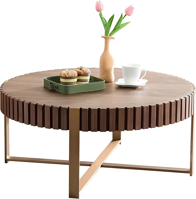 LKTART 31.5'' Round Coffee Table for Living Room, Solid Wood Handcraft Drum Coffee Table, Wooden Felief Coffee Table, Stainless Steel Legs Sturdy Pedestal Tea Table, Apartment Small Space,Walnut