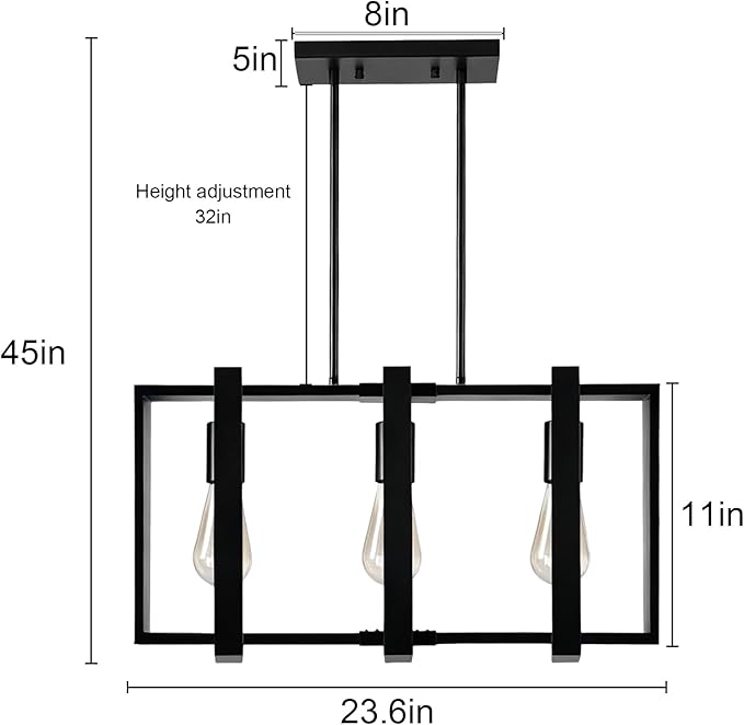 3-Light Island Lights for Kitchen, Rectangular Black Metal Kitchen Island Chandelier 23.6" Adjustable Rustic Modern Dining Room Light Fixtures Over Table, Chandeliers for Dining Room