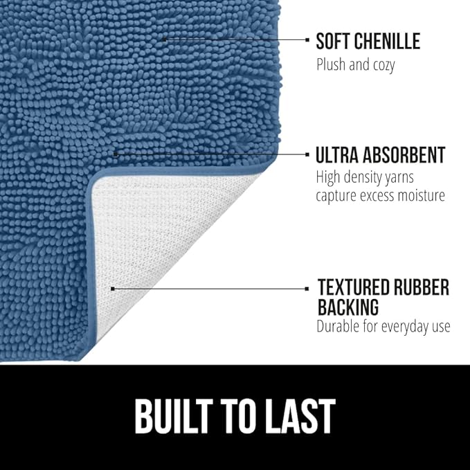 GORILLA GRIP Bath Rug Mat 44x26, Thick Soft Absorbent Chenille, Quick Dry Microfiber Mats, Rubber Backing Washable Shower Floor Rugs, Bathmat Runner, US Designed Bathroom Home Decor Accessories Blue