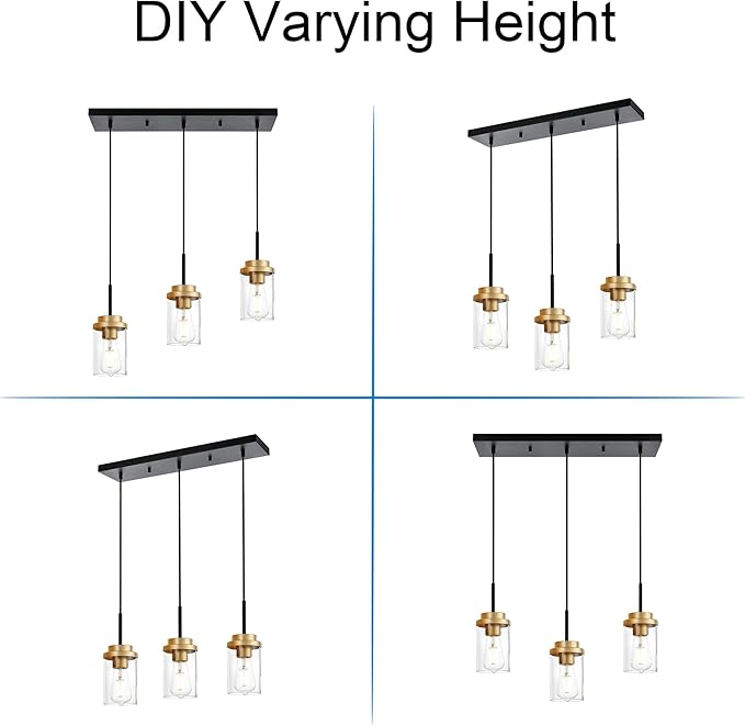 MELUCEE 23.6 Inches Dining Room Light Fixture Hanging 3-Lights Kitchen Pendant Light Fixture Over Island Black Ceiling Hanging Lamp with Clear Glass Shade, Gold Socket