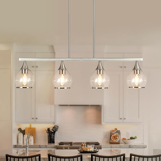 Island Light for Kitchen, 4-Light Brushed Nickel Island Pendant Lighting with Clear Round Glass Shades for Kitchen, Dining Table, Living Room