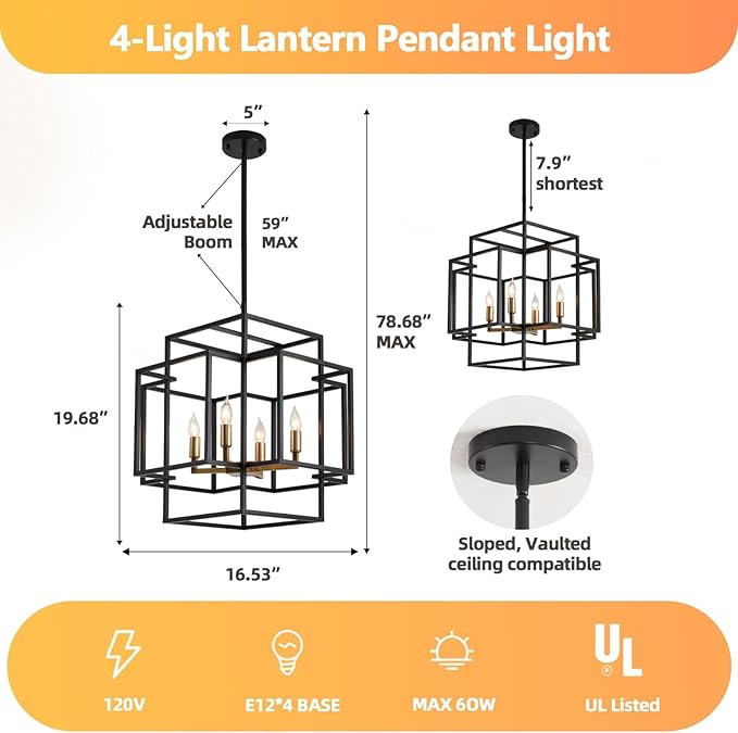 16.5" Farmhouse Chandelier, 4-Light Industrial Ceiling Pendant Light Fixture, Modern Foyer Lighting Fixtures, Dining Room Light Fixtures Over Table, Black and Gold Pendant Lights for Kitchen Island