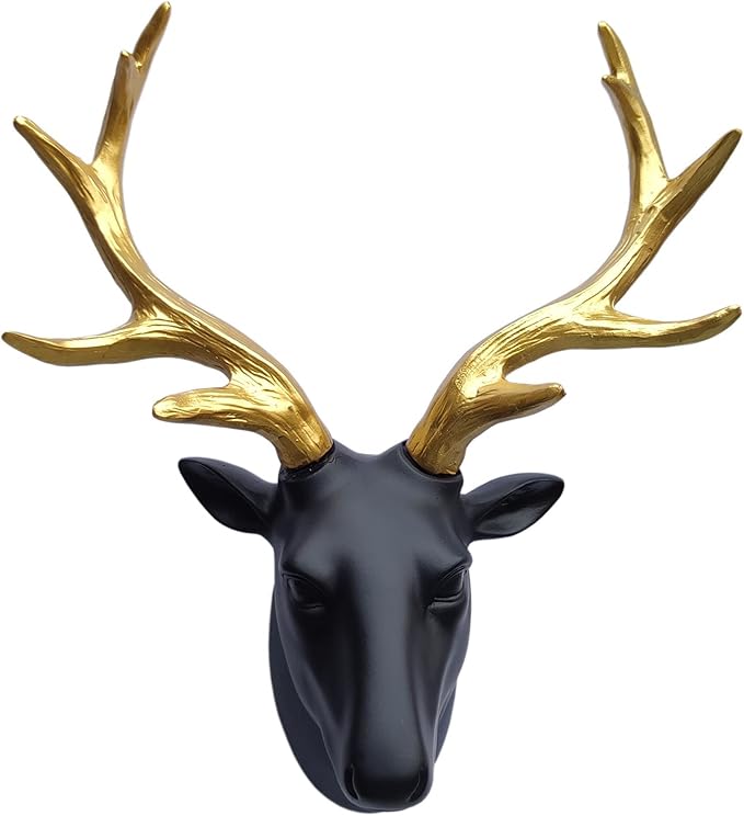 JoyEvy Deer Head Wall Decor-Wall Sculpture Resin Deer Head Gold Antler Faux Skull-Handmade Wall Art Hanging Rustic Animal Cottage Decor Home Cottage (9.5"*11")