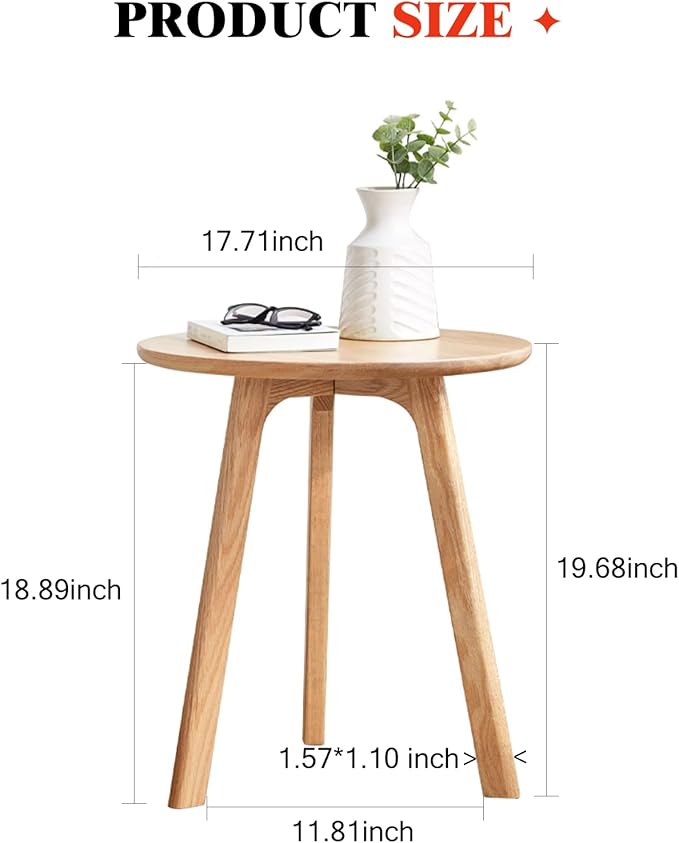 100% Solid Oak Round Side Table, Small Side Table for Small Spaces, 3-Legged Living Room End Tables with Stable Frame for Bedroom Couch Side Entryway, Natural