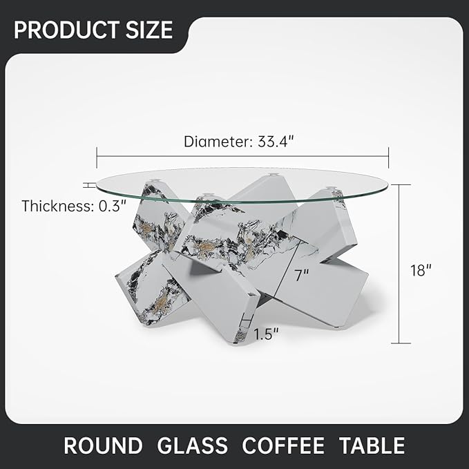 White Round Glass Coffee Table,33-Inch Coffee Tables for Living Room Clear Circle Accent Table Adapts to Farmhouse and Contemporary Decor