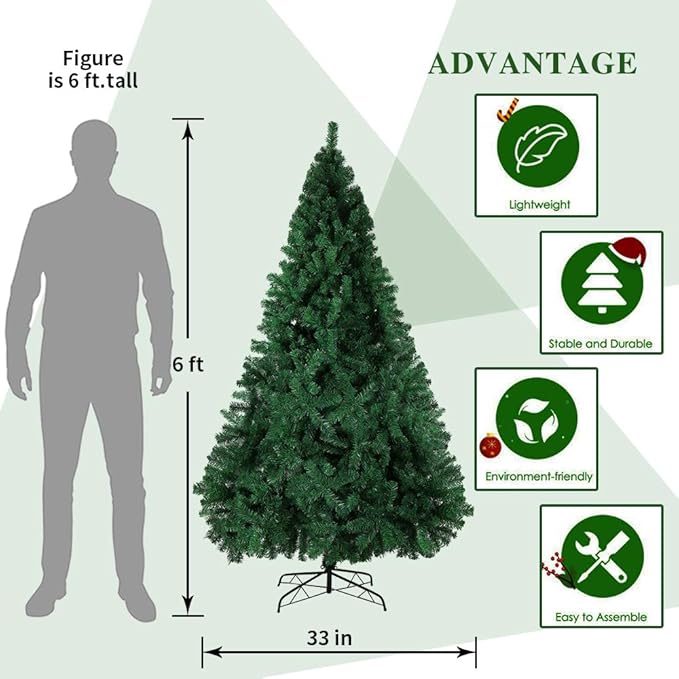 BESTHLS Christmas Tree 6FT Artificial Pine Christmas Tree with Metal Stand and Decorations for Indoor Outdoor 720 Branch Tips