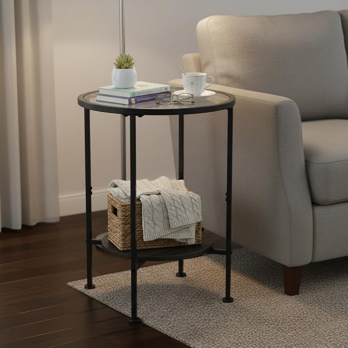 Tempered Glass Side Table with Storage Shelf for Small Spaces,16.15" 2 Tier Round Glass End Table, Small Side Table with Storage for Living Room,Round Bedside Table for Bedroom (Black)