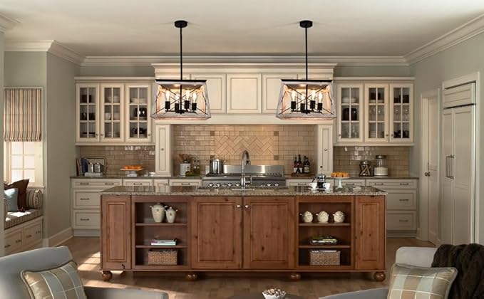 Luupyia Farmhouse Pendant Light Fixture, 4-Lights, Adjustable, Rectangular Rustic Chandeliers Farmhouse Light Fixture Vintage Island Lighting for Dining Room, Entryway and Living Room Beige