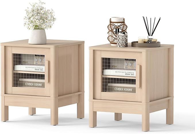 Bonzy Home End Table Set of 2, Modern Nightstand with Acrylic Doors and Storage Shelves, Square Side Table for Living Room, Bedroom, Oak