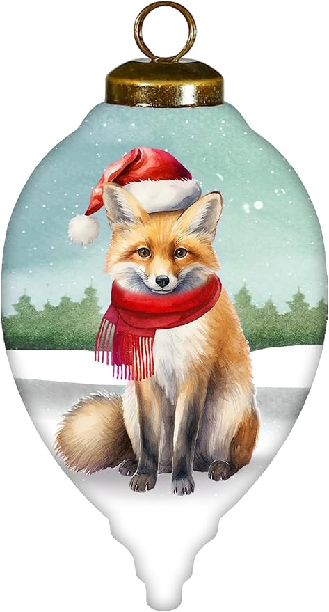 Hand-Painted Glass Fox Ornament – Woodland Christmas Decoration with Santa Hat, Cardinals, and Gifts – “Warm Winter Wishes” Reverse-Painted Collectible with Gift Box – 4.5” Teardrop Ornament