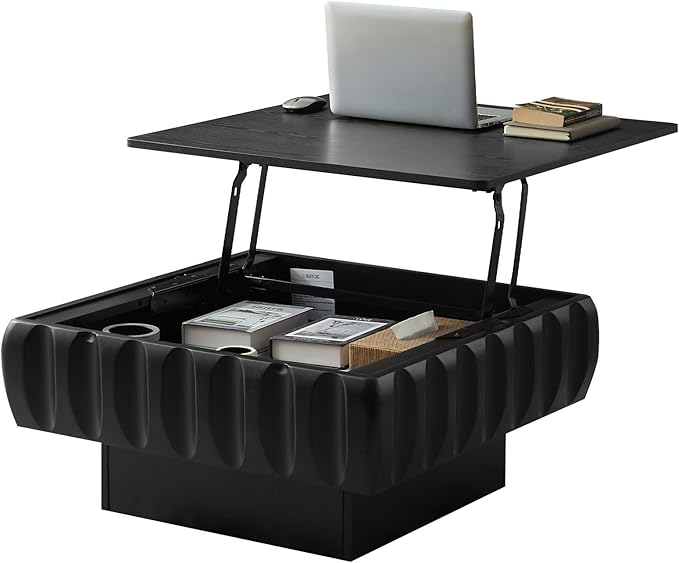 LKTART 31" Lift Top Coffee Table for Living Room, Fluted Coffee Table with Hidden Storage Compartment, Mid Century Modern Solid Wood Veneer Square Center Table for Office Apartment Small Space, Black
