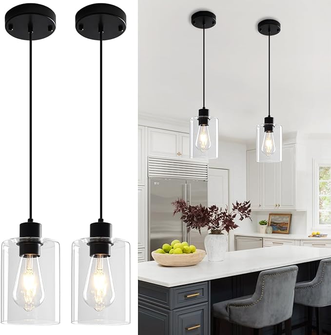 Glass Pendant Lights Kitchen Island 2 Pack, Black Kitchen Pendant Lighting Over Island, Hanging Light Fixtures Modern Pendant Lights for Hallway Entryway Bedroom Dining Room