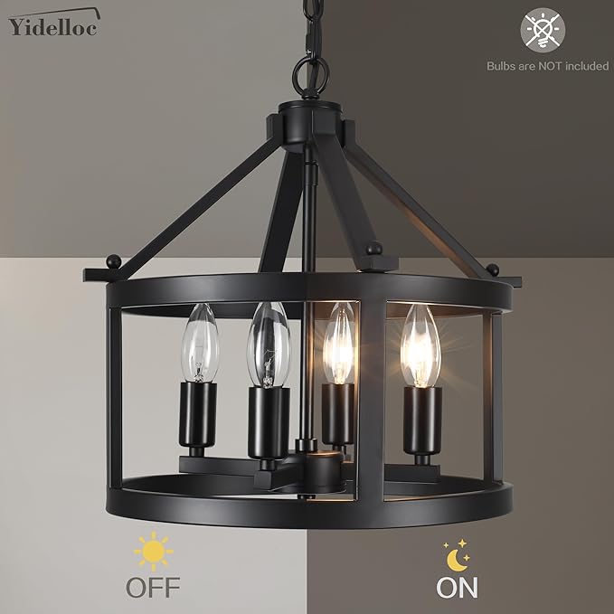 Farmhouse Light Fixtures Round Cage Chandeliers 4 Lights E12 Base Vintage Black Chandelier Pendant Light for Dining Room Entryway Hallway Foyer Kitchen